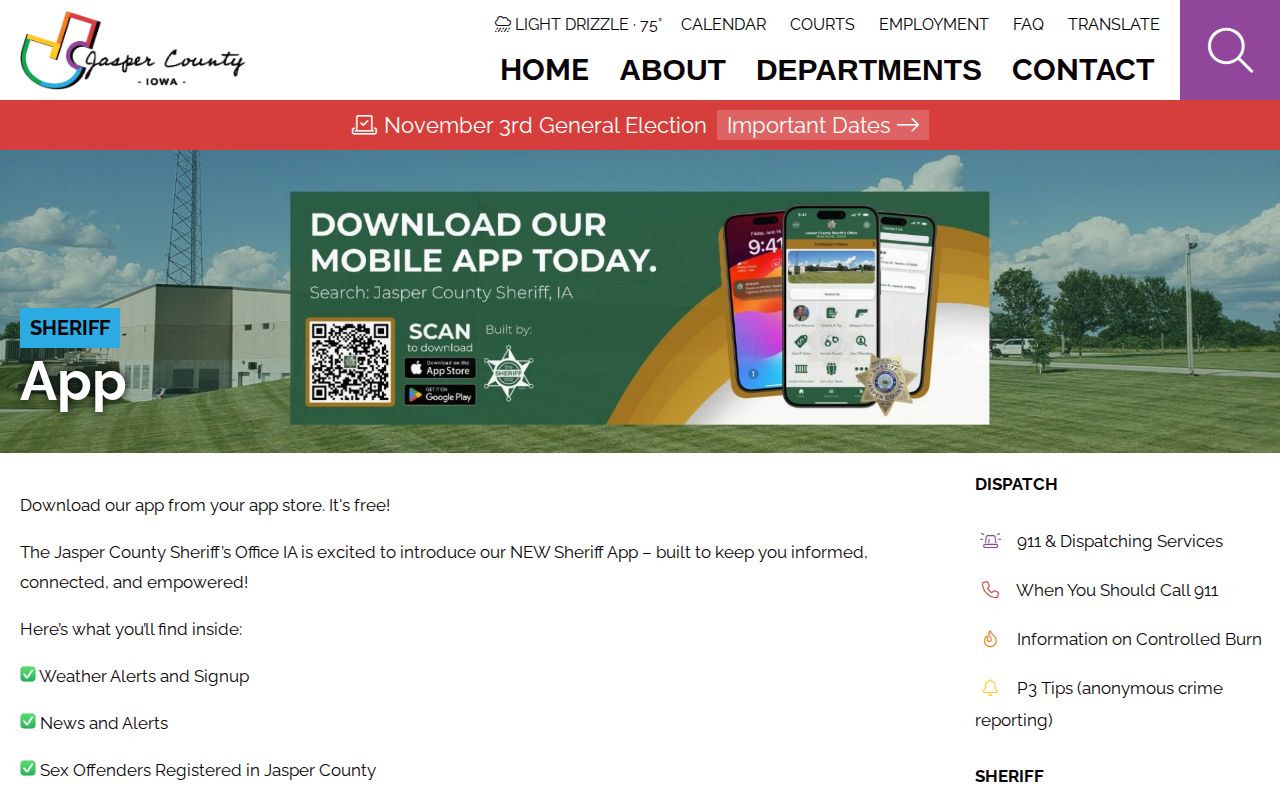 Official Jasper County Sheriff app page advertising inmate search and information