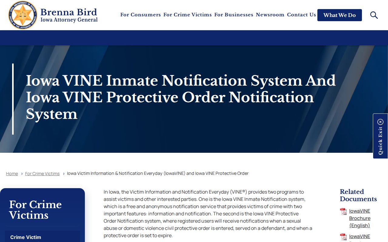 Iowa Attorney General IowaVINE information